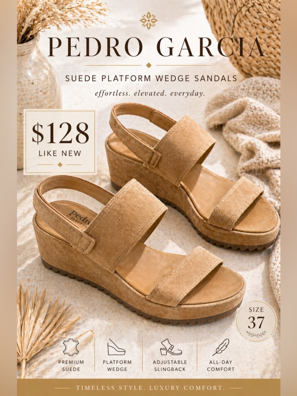 Pedro Garcia Suede Platform Wedge Sandals Tan Slingback Size 37